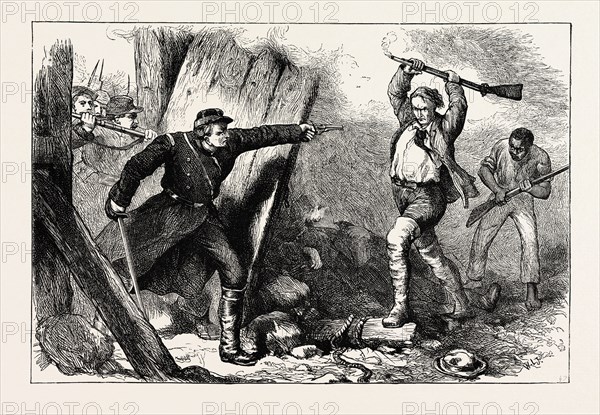 CAPTURE OF JOHN BROWN IN THE ENGINE HOUSE. John Brown was an American abolitionist who believed armed insurrection was the only way to overthrow the violent system of slavery in the United States, US, USA, 1870s engraving