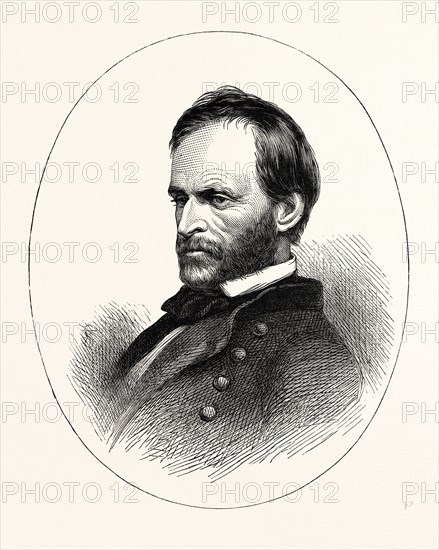 GENERAL SHERMAN, He was an American soldier, businessman, educator and author. He served as a General in the Union Army during the American Civil War, 1870s engraving