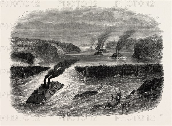 BAILEY'S DAM ON THE RED RIVER, AMERICAN CIVIL WAR, UNITED STATES OF AMERICA, US, USA, 1870s engraving