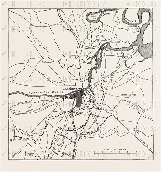 PLAN OF PETERSBURG, AND VICINITY, SHOWING THE CONFEDERATE AND FEDERAL FORTS, AMERICAN CIVIL WAR, UNITED STATES OF AMERICA, US, USA, 1870s engraving