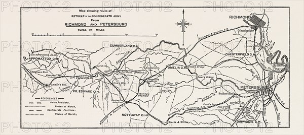 PLAN OF THE CONFEDERATE RETREAT FROM RICHMOND AND PETERSBURG, AMERICAN CIVIL WAR, UNITED STATES OF AMERICA, US, USA, 1870s engraving