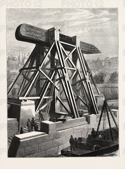 CLEOPATRA'S NEEDLE â€î THE MACHINERY FOR PLACING THE OBELISK IN POSITION ON THE THAMES EMBANKMENT