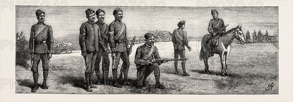 THE DISTURBANCES IN SOUTH AFRICA MEN OF THE BODYGUARD OF MR. OSBORNE, THE BRITISH RESIDENT COMMISSIONER IN THE ZULU NATIVE RESERVE TERRITORY, engraving 1884