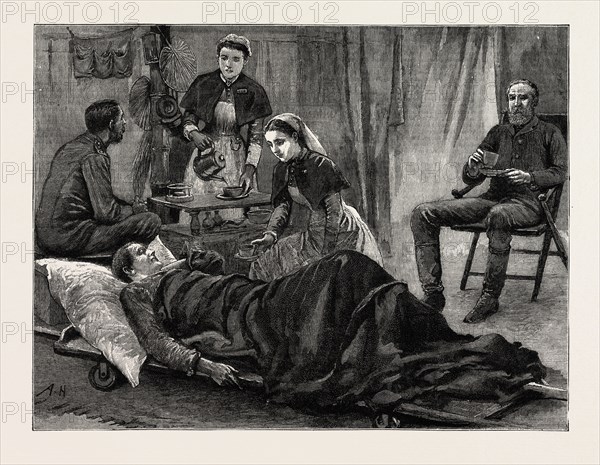 THE NILE EXPEDITION FOR THE RELIEF OF GENERAL GORDON FIVE O'CLOCK TEA WITH THE HOSPITAL SISTERS, engraving 1884