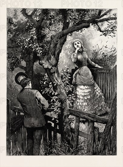 DRAWN BY ARTHUR HOPKINS, GREETING, engraving 1884, life in Britain, UK, britain, british, europe, united kingdom, great britain, european, art, artist