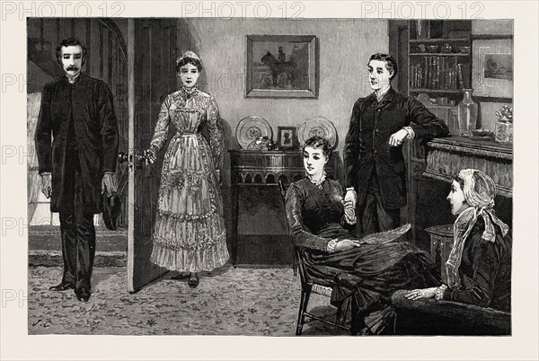 DRAWN BY JOHN CHARLTON,  INTERIOR, engraving 1884, life in Britain, UK, britain, british, europe, united kingdom, great britain, european, art, artist