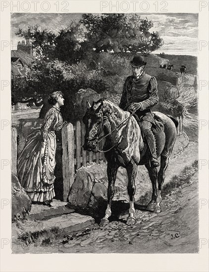 DRAWN BY JOHN CHARLTON, NEAR THE GATE, MAN, WOMAN, engraving 1884, life in Britain, UK, britain, british, europe, united kingdom, great britain, european, art, artist, horse