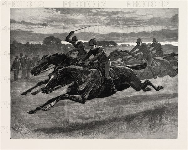 DRAWN  BY JOHN CHARLTON, HORSE RACING, engraving 1884, life in Britain, UK, britain, british, europe, united kingdom, great britain, european, art, artist, horse