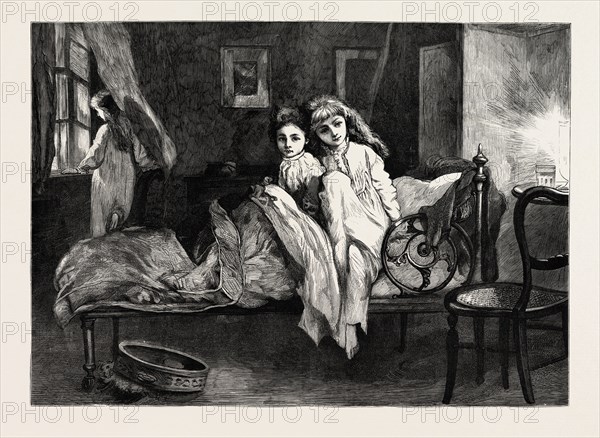 GIRLS IN BED, GIRL NEAR THE WINDOW, ENGRAVING 1884