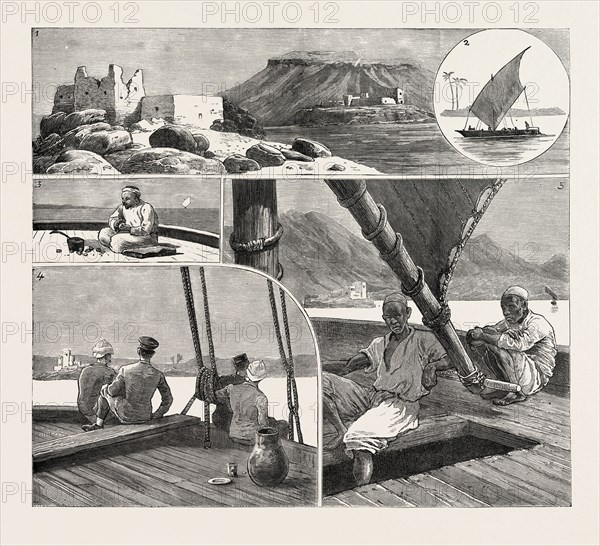 ON BOARD A NUGGAR, I. Sherabin on the Nile. 2. Our Nuggar. 3. Preparing Dinner, 4. How We Saw the Nile.5. Waiting to Shift the Sail, engraving 1884