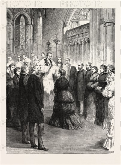 THE QUEEN AT THE PUBLIC CHRISTENING OF THE INFANT DUKE OF ALBANY IN ESHER CHURCH, engraving 1884, UK, britain, british, europe, united kingdom, great britain, european