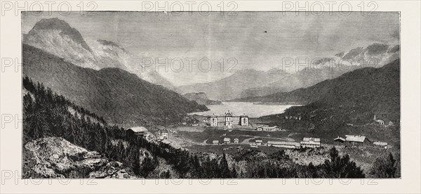 THE MALOJA VALLEY, A NEW HEALTH RESORT IN THE UPPER ENGADINE, SWITZERLAND, engraving 1884