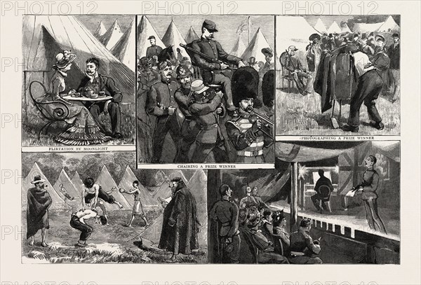 SKETCHES AT THE VOLUNTEER CAMP, WIMBLEDON, engraving 1884, UK, britain, british, europe, united kingdom, great britain, european
