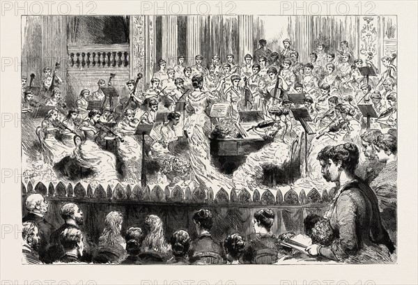CONCERT BY VISCOUNTESS FOLKESTONE'S LADIES ORCHESTRA AT THE PRINCE'S HALL, PICCADILLY, engraving 1884, LONDON, UK, britain, british, europe, united kingdom, great britain, european