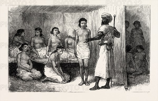 AND SOLD HER AT A PUBLIC MARKET IN THE SOUDAN, engraving 1884, SLAVE TRADE, SLAVE, SLAVERY, SLAVES, SOCIAL ISSUE, SOCIAL ISSUES