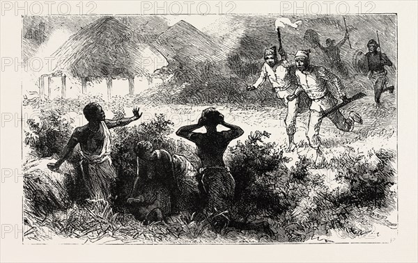 AND MAKING A NIGHT RAID, HE CARRIED HER OFF WITH OTHER WOMEN, engraving 1884, SLAVE TRADE, SLAVE, SLAVERY, SLAVES, SOCIAL ISSUE, SOCIAL ISSUES