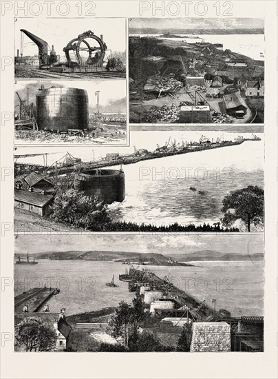 FORTH BRIDGE RAILWAY, Machinery for Drilling the Steel Tubes of which the Bridge is to be Constructed. 2. View from the North Shore, Looking South. 3 A Caisson on Launchway, at Low Water, 4. Launch of a Caisson. 5. View from the South Shore, Looking North, engraving 1884, The Forth Bridge is a cantilever railway bridge over the Firth of Forth in the east of Scotland , UK, britain, british, europe, united kingdom, great britain, european