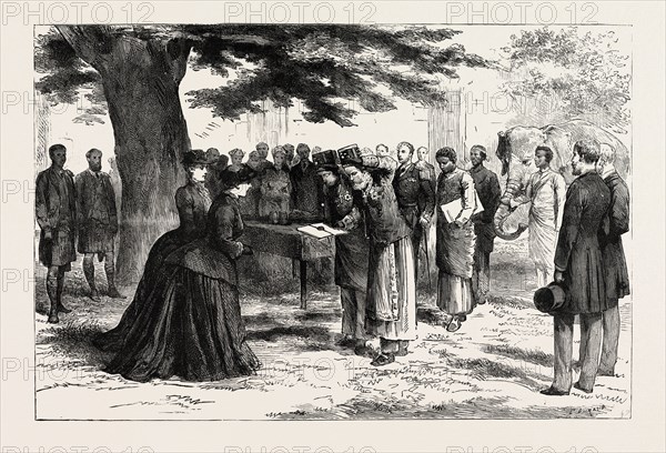 ENVOYS FROM ABYSSINIA PRESENTING KING JOHN'S GIFTS TO QUEEN VICTORIA AT OSBORNE, engraving 1884, UK, britain, british, europe, united kingdom, great britain, european