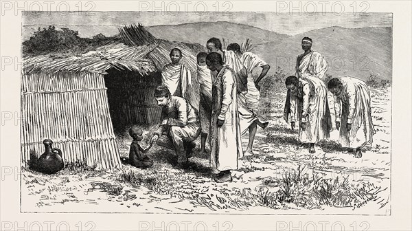 WITH ADMIRAL HEWETT'S MISSION TO ABYSSINIA DR GIMLETTE AND HIS LITTLE PATIENT AT ADOWA, engraving 1884, ABYSSINIA, ETHIOPIA