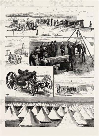 SCOTTISH NATIONAL ARTILLERY CAMP AT BARRY LINKS, FORFARSHIRE, 1. Forty-Pounder Practice Direct Hit, Score I 2. 2. Drill Parade  Gyn Drill and Sling Waggon. 3. Re-Venting 64-Pounder, M. L. R. Gun. 4. Sling Waggon  5. Forty- Pounder Practice : View from Range. 6. Church Parade, engraving 1884, UK, britain, british, europe, united kingdom, great britain, european