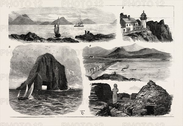 I. The Faraday Entering Ballinskelligs Bay 2. Lower Lighthouse on the Great Skellig 3. The bull Rock off Dursey Head, Where the New Lighthouse is being constructed 4. Landing the Shore End of the Cable by Means of Boats and Rafts 5. Beehive Cells on Great Skellig. The Bennett Atlantic Cable, in Ballingskelligs Bay, Ireland, engraving 1884