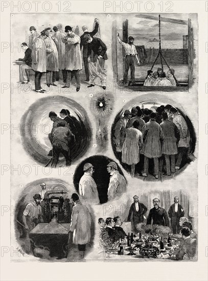 THE WORKS OF THE CHANNEL TUNNEL, Preparations for the Descent 2. The Mouth of the Tunnel  Hope the Rope Won't Break 3. On the Tramway 4. We Pass the Region of Electric Lights 5. And Reach that of Tallow Candles. 6.  I Say, Dear Chappie If We Invade France Through the Tunnel, I Hope I Shan't Be Told Off to Lead the Advanced Guard. Works of the Channel Tunnel, engraving 1884