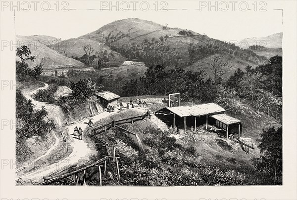GENERAL VIEW OF THE MINES, SHOWING THE ENTRANCE TO ONE OF THE LARGE TUNNELS GOLD MINING IN WYNAAD INDIA, engraving 1884