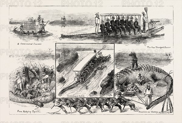 THE NILE EXPEDITION FOR THE RELIEF OF GENERAL GORDON THE TRANSPORT DIFFICULTY SOLVED, engraving 1884