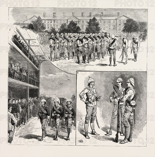 THE CAMEL CORPS FOR THE NILE EXPEDITION, Parade of the Detachment. 2. Arrival of the Royal Horse Guards Detachment at Aldershot from Windsor. 3. The Special Uniform of Officers and Privates THE CAMEL CORPS AT ALDERSHOT, UK, ENGRAVING 1884