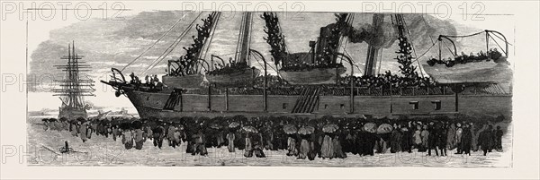 DEPARTURE OF THE TROOP SHIP DECCAN  FROM PORTSMOUTH, THE CAMEL CORPS FOR THE NILE EXPEDITION, ENGRAVING 1884