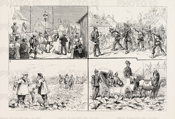 GERMAN MILITARY, GERMANY, Country Carts Requisitioned for Transport Service Leaving Dusseldorf by the Rhine Bridge  2. Storming the Pump 3. A Bad Time for the Turnips 4. General, ENGRAVING 1884