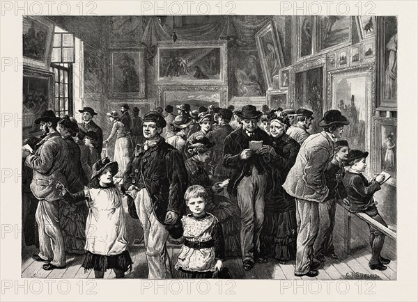 ART IN WHITECHAPEL LOAN EXHIBITION OF PICTURES IN ST. JUDE'S SCHOOL HOUSE, COMMERCIAL STREET, LONDON , ENGRAVING 1884, UK, britain, british, europe, united kingdom, great britain, european