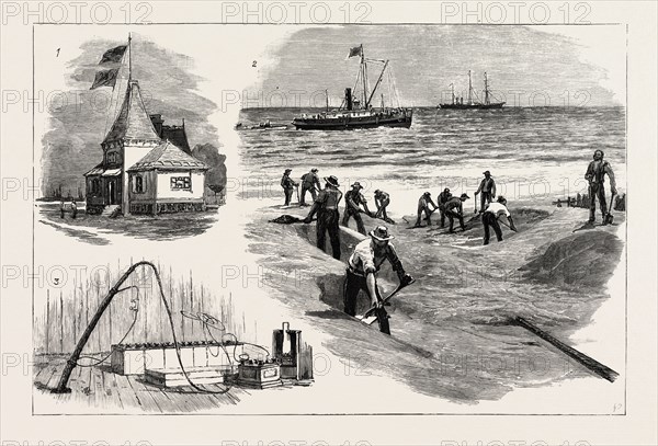 THE BENNET MACKAY CABLE, CONEY ISLAND, NEW YORK, I. The Station of the C.C.C. 2. Covering in the Cable. 3. The End of their Toil, the End of the Coil, ENGRAVING 1884, US, USA, America, United States