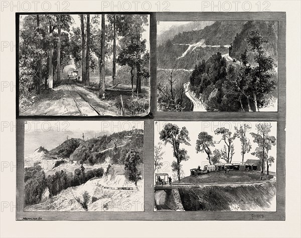 I. Going Through the Forest at the Foot of the Hills. 2. View Near Kurseong. 3. 7,000 Feet Above Sea Level. 4. The Loop. VIEWS ON THE DARJEELING HILL RAILWAY, INDIA, ENGRAVING 1884
