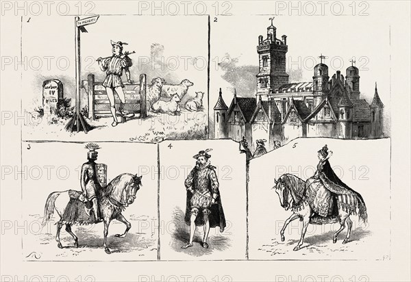 I. Dick Whittington. 2. Old Bow Church in 3. Richard Coeur de Lion. 4. Sir Walter Raleigh. 5. Queen Elizabeth. SOME NOVELTIES OF THE COMING LORD MAYOR'S SHOW, LONDON, , ENGRAVING 1884, UK, britain, british, europe, united kingdom, great britain, european