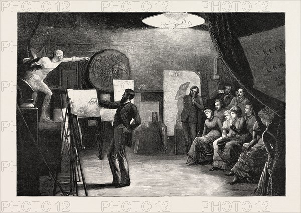 AN ASSOCIATE OF THE ROYAL ACADEMY INSPECTING THE LAMBETH SCHOOL OF ART, ENGRAVING 1884, UK, britain, british, europe, united kingdom, great britain, european