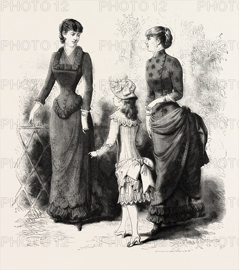 SUMMER COSTUMES, FASHION, ENGRAVING 1884, UK, britain, british, europe, united kingdom, great britain, european