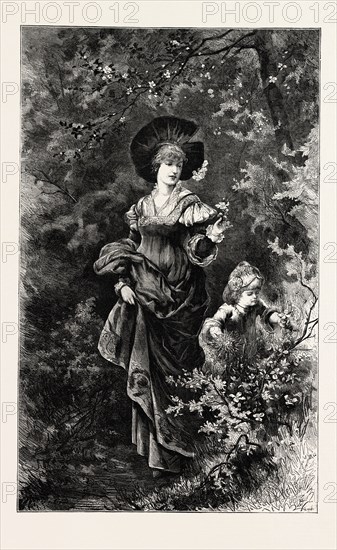 Mother and child on a walk, ENGRAVING 1882