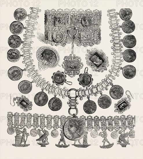 Necklet, Bracelets, Earrings, Brooches Oxidized Silver and Bright Silver in Antique Egyptian, Greek, and Roman Styles, Fancy jewellery, engraving 1882