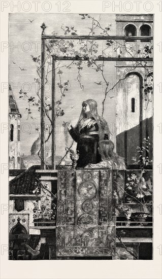 ON THE BALCONY AT VENICE,ITALY, ENGRAVING 1882