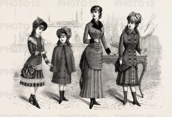 GIRLS' WINTER COSTUMES, FASHION, ENGRAVING 1882