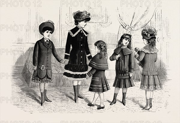 CHILDREN'S WINTER COSTUMES, FASHION, ENGRAVING 1882