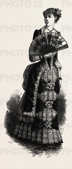 EVENING TOILETTES FOR DINNERS AND BALLS, FASHION, ENGRAVING 1882