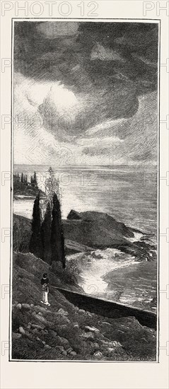 COAST SCENERY BETWEEN MENTONE AND BORDIGHERA, FRANCE, ENGRAVING 1882