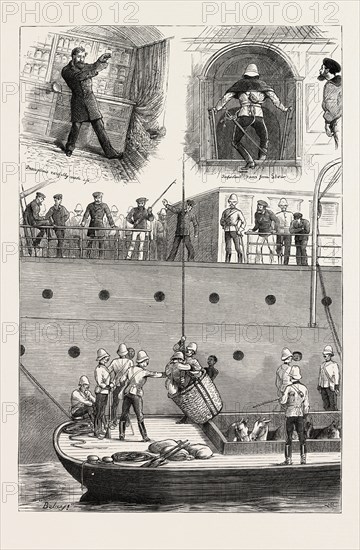 ON BOARD A TROOPSHIP, MILITARY LIFE, UK, britain, british, europe, united kingdom, great britain, european, ENGRAVING 1879