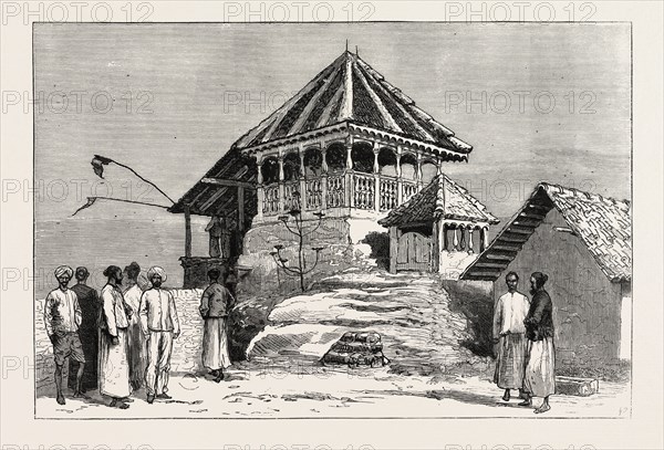 SHRINE OF THE SACRED FOOTPRINT, ON THE SUMMIT OF THE MOUNTAIN, ADAM'S PEAK, ENGRAVING 1879, SRI LANKA