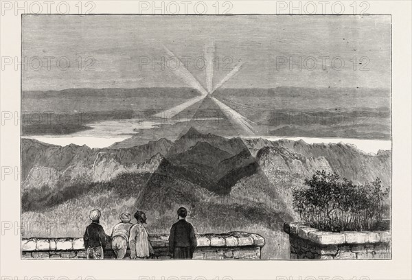 SHADOW OF THE MOUNTAIN AS SEEN AT SUNRISE, ADAM'S PEAK, CEYLON, SRI LANKA, ENGRAVING 1879