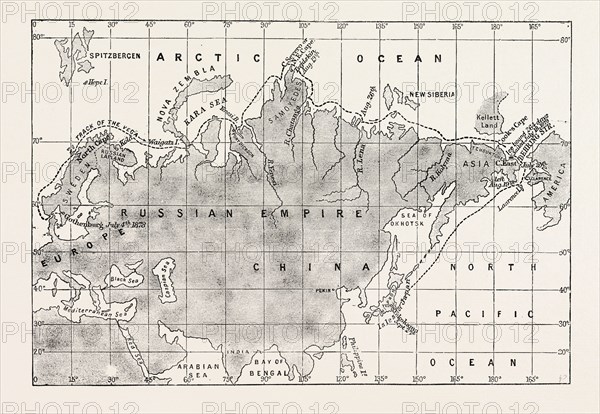 THE NORTH-EAST PASSAGE  MAP OF THE ROUTE TAKEN BY THE NORDENSKJOLD EXPEDITION, ENGRAVING 1879