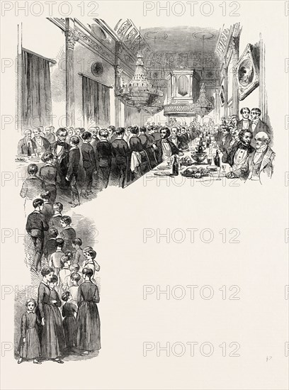 ANNIVERSARY FESTIVAL OF THE COMMERCIAL TRAVELLERS' SOCIETY, AT THE LONDON TAVERN, UK, 1851 engraving
