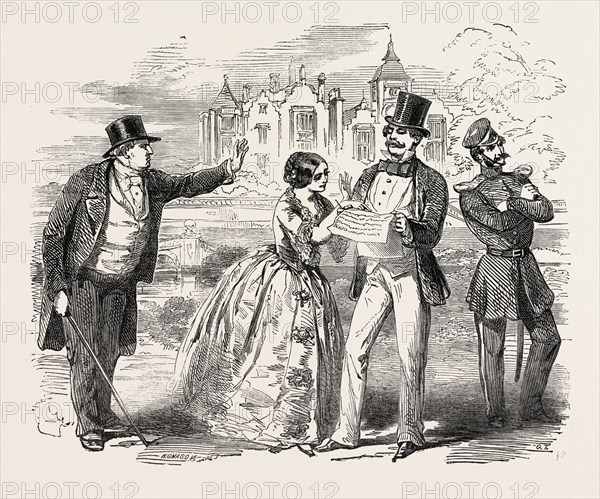 SCENE FROM THE NEW COMEDY OF THE OLD LOVE AND THE NEW, AT DRURY LANE THEATRE, LONDON, UK, 1851 engraving